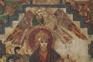 Angels guard Christ from above. Folio 220r from the Book of Kells (illuminated ca. 800).